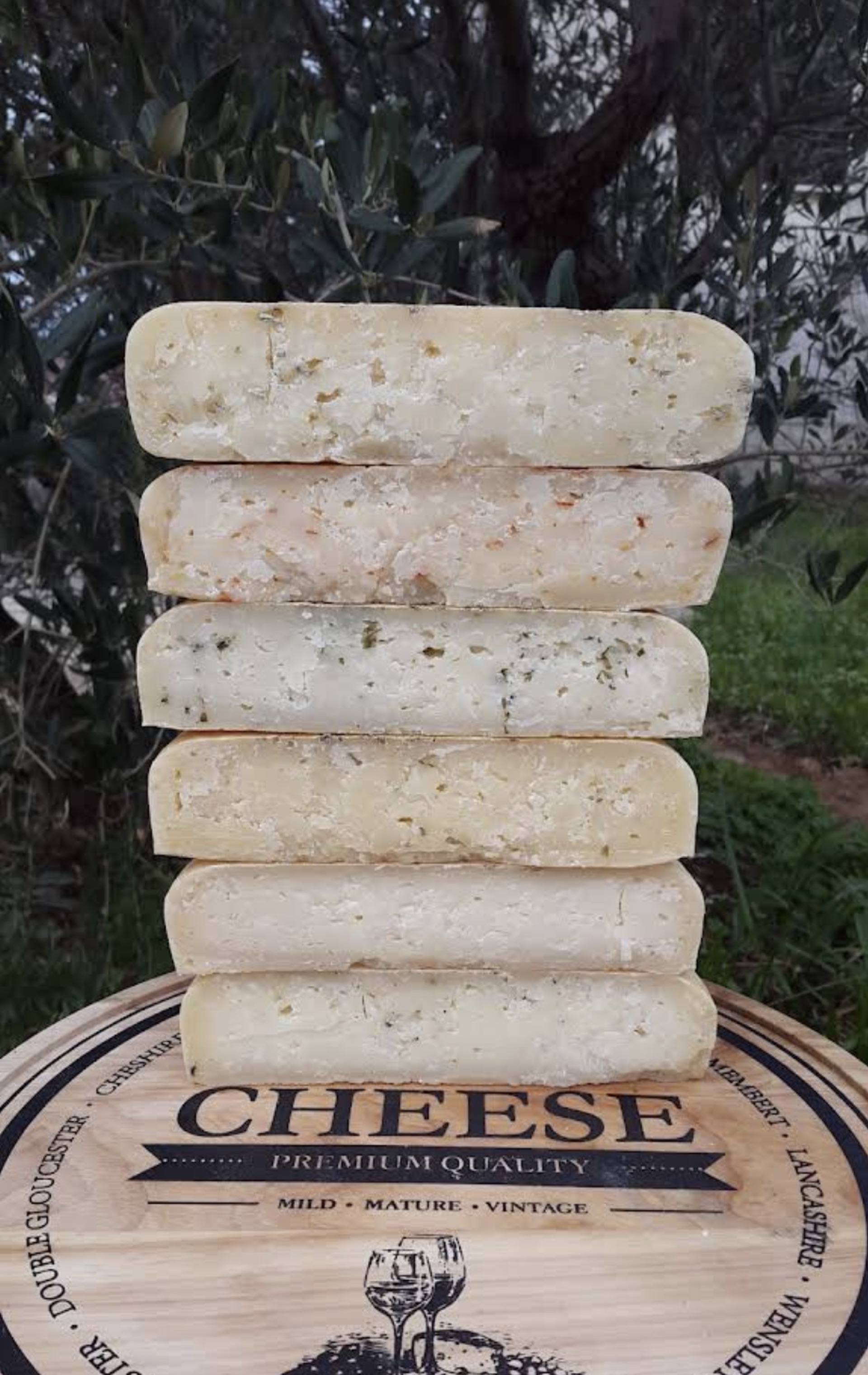A stack of Hlam cheese varieties beneath the olive trees